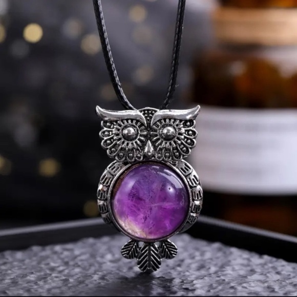 36 🖤 Amethyst Crystal Owl Pendant Necklace Jewelry - Picture 3 of 7